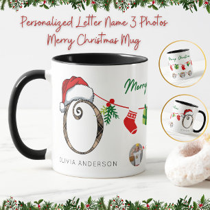 Personalised Letter Name 3 Photos Merry Christmas Mug