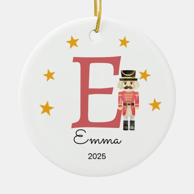 Personalised Letter Name Ornament, Nutcracker Ceramic Tree Decoration (Front)