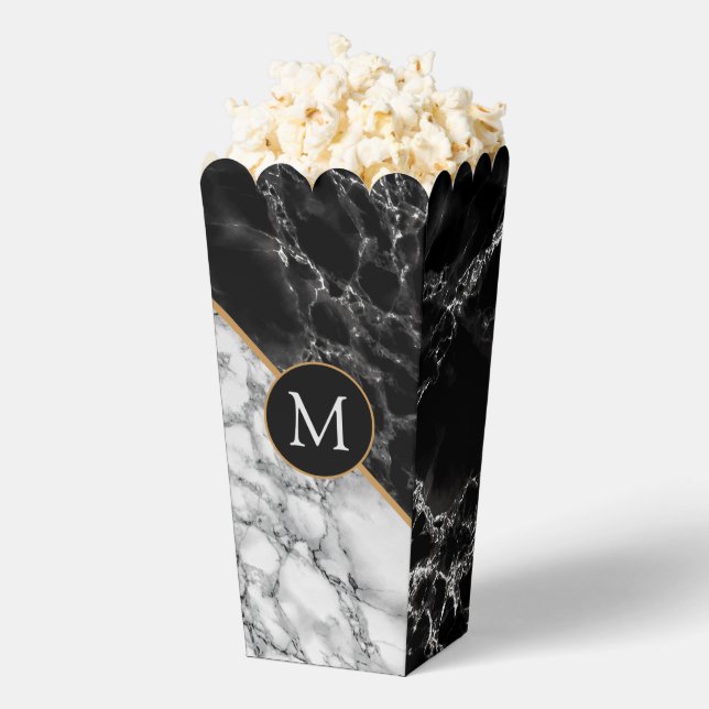 Personalised Letter Popcorn Box Black White Marble (Popped)