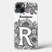 Personalised Letter R Black White Tattoo Flowers