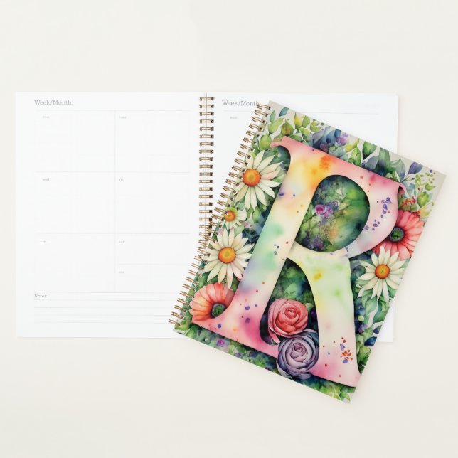 Personalised Letter R Floral Watercolor Notebook  Planner (Display)
