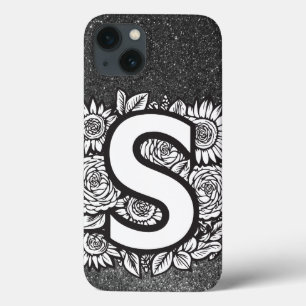 Personalised Letter S Black and White Glitter iPhone 13 Case