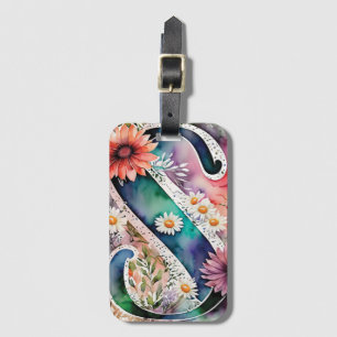 Personalised Letter S Daisy Floral Watercolor Luggage Tag