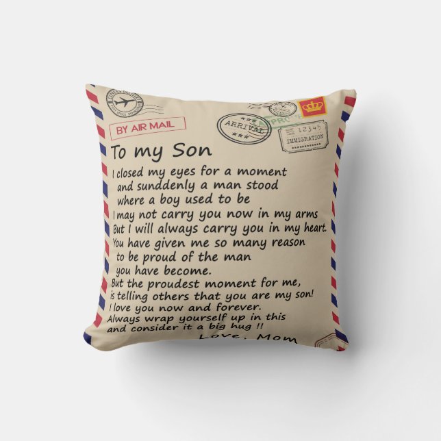 Personalised Letter To My Son From Mum, Air Mail Cushion (Front)