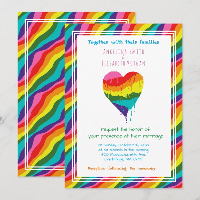 Personalised  LGBT Rainbow Heart  Wedding Invitation (Front/Back)