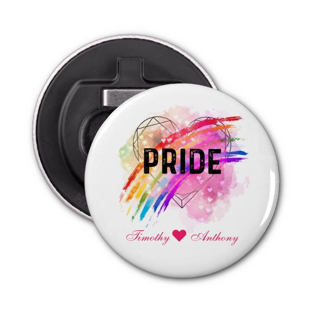 Personalised LGBTQ Pride Rainbow Colour Heart Bottle Opener (Front)