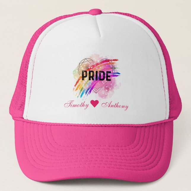 Personalised LGBTQ Pride Rainbow Colour Heart Pink Trucker Hat (Front)