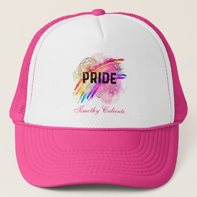 Personalised LGBTQ Pride Rainbow Colour Heart Pink Trucker Hat (Front)