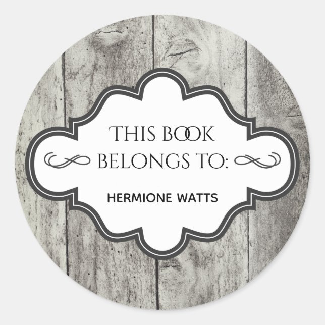 Personalised Library Bookplate Rustic Wood Classic Round Sticker (Front)
