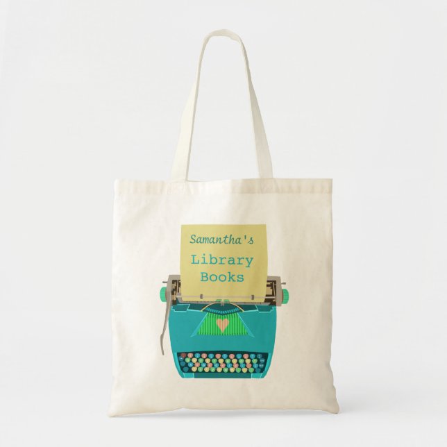 Personalised Library Books Cute Aqua Typewriter Tote Bag (Front)