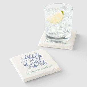 Personalised Life is Better at Beach Blue Green Stone Coaster