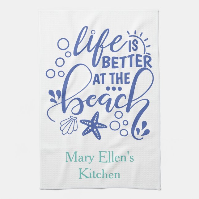 Personalised Life is Better at Beach Blue Green Tea Towel (Vertical)