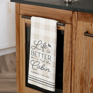 Personalised Life Is Better at the Cabin Plaid Tea Towel