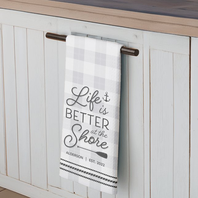 Personalised Life Is Better at the Shore Plaid Tea Towel (Creator Uploaded)