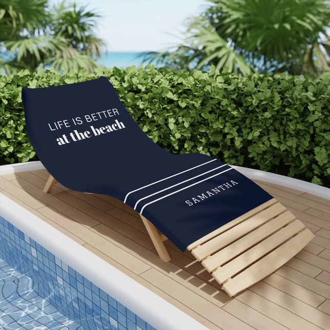 Personalised Life is Better Family Vacation Navy Beach Towel (Creator Uploaded)