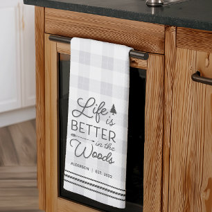 Personalised Life Is Better in the Woods Plaid Tea Towel
