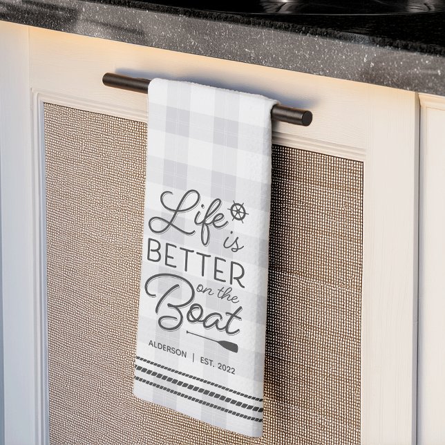 Personalised Life Is Better on the Boat Plaid Tea Towel (Creator Uploaded)