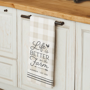 Personalised Life Is Better on the Farm Plaid Tea Towel