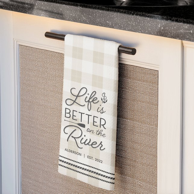 Personalised Life Is Better on the River Plaid Tea Towel (Creator Uploaded)