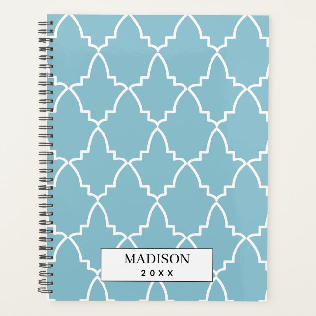 Personalised Light Blue Moroccan Lattice Pattern  Planner (Front)