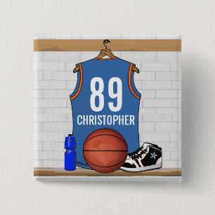 Personalised Light Blue Orange Basketball Jersey 15 Cm Square Badge