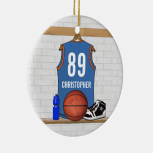 Personalised Light Blue Orange Basketball Jersey Ceramic Tree Decoration