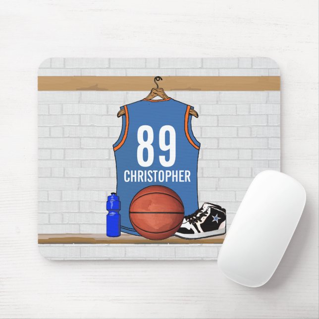 Personalised Light Blue Orange Basketball Jersey Mouse Mat (With Mouse)