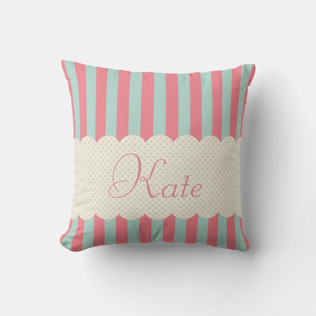 Personalised Light Blue Pink Stripes Polka Dots Cushion (Front)