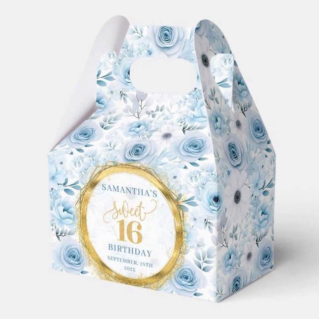 Personalised Light Blue Sweet Sixteen Gold Glitter Favour Box (Personalized Light Blue Sweet Sixteen Gold Glitter Favor Boxes)