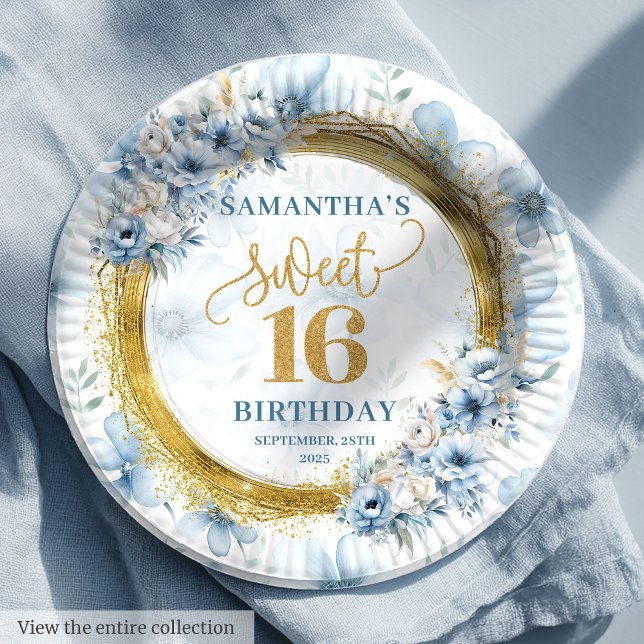 Personalised Light Blue Sweet Sixteen Gold Glitter Paper Plate (Personalized Light Blue Sweet Sixteen Gold Glitter Paper Plates)