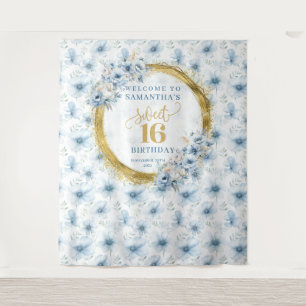 Personalised Light Blue Sweet Sixteen Gold Glitter Tapestry