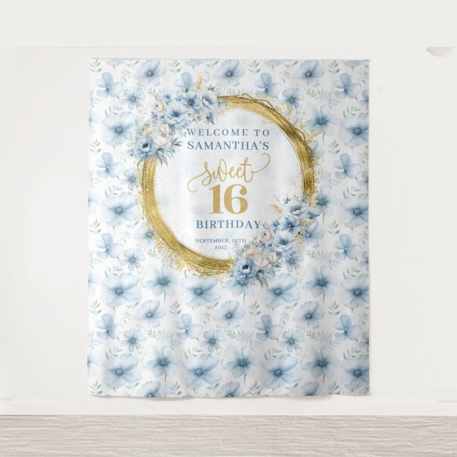 Personalised Light Blue Sweet Sixteen Gold Glitter Tapestry (Front)