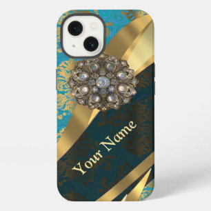 Personalised light blue vintage damask pattern iPhone 13 case