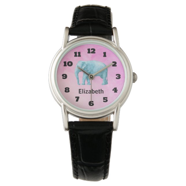 Personalised Light Blue Watercolor Elephant Watch (Front)