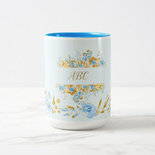 Personalised Light Blue Watercolor Floral Gold Two-Tone Coffee Mug