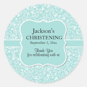 Personalised Light Blue & White Floral Christening Classic Round Sticker