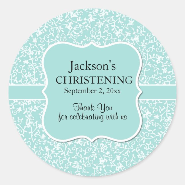 Personalised Light Blue & White Floral Christening Classic Round Sticker (Front)