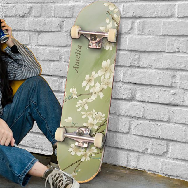 Personalised Light Green White Flowers Skateboard (Creator Uploaded)