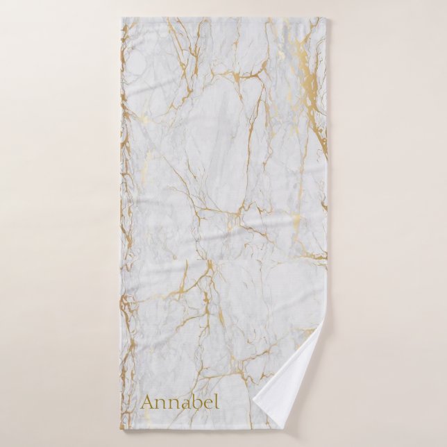 Personalised, light grey and gold veined gym bath towel (Bath Towel)