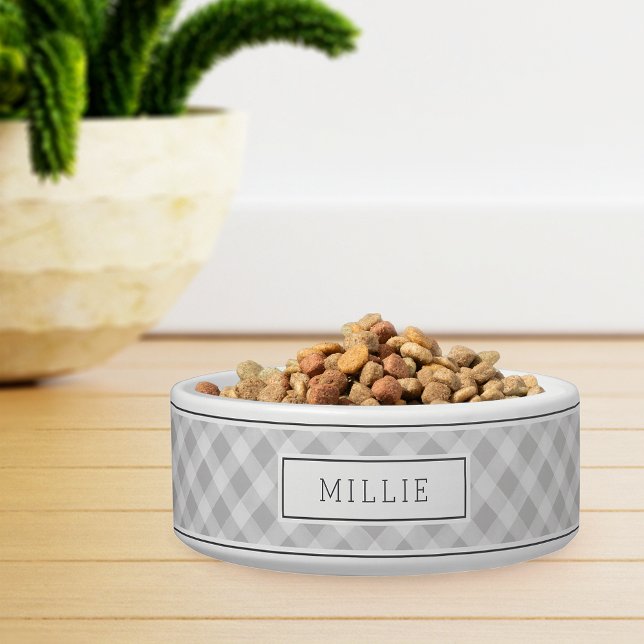 Personalised Light Grey Farmhouse Style Plaid Pet Bowl (Creator Uploaded)