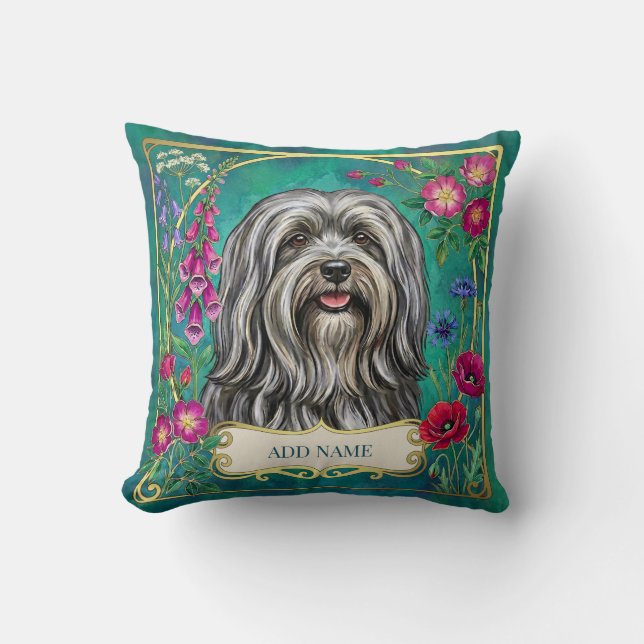 Personalised Light Grey Lhasa Apso Floral Cushion (Front)