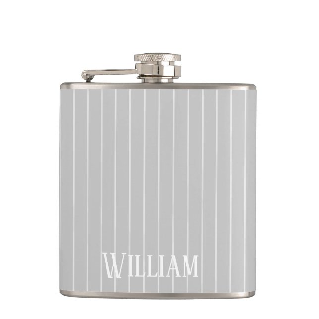 Personalised light grey pinstripes hip flask (Front)