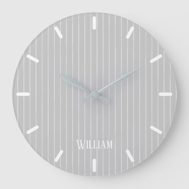 Personalised light grey pinstripes large clock (Front)
