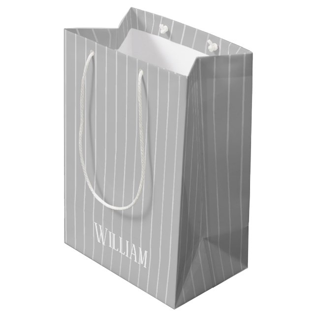 Personalised light grey pinstripes medium gift bag (Back Angled)