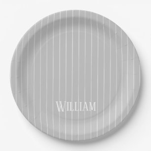 Personalised light grey pinstripes paper plate