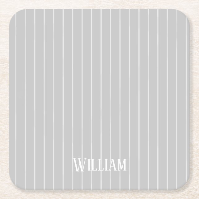 Personalised light grey pinstripes square paper coaster (Front)