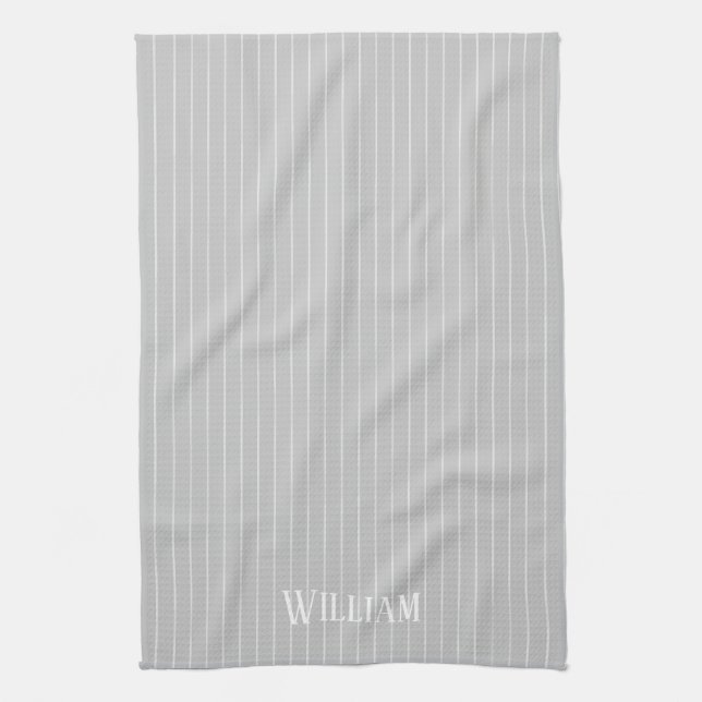 Personalised light grey pinstripes tea towel (Vertical)