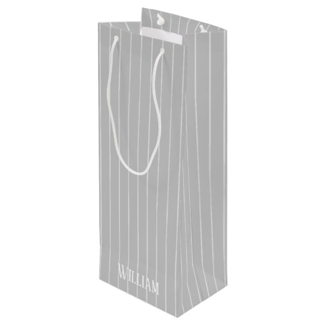Personalised light grey pinstripes wine gift bag (Back Angled)