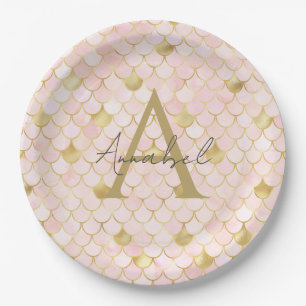 Personalised Light PInk and Gold Mermaid Scales  Paper Plate