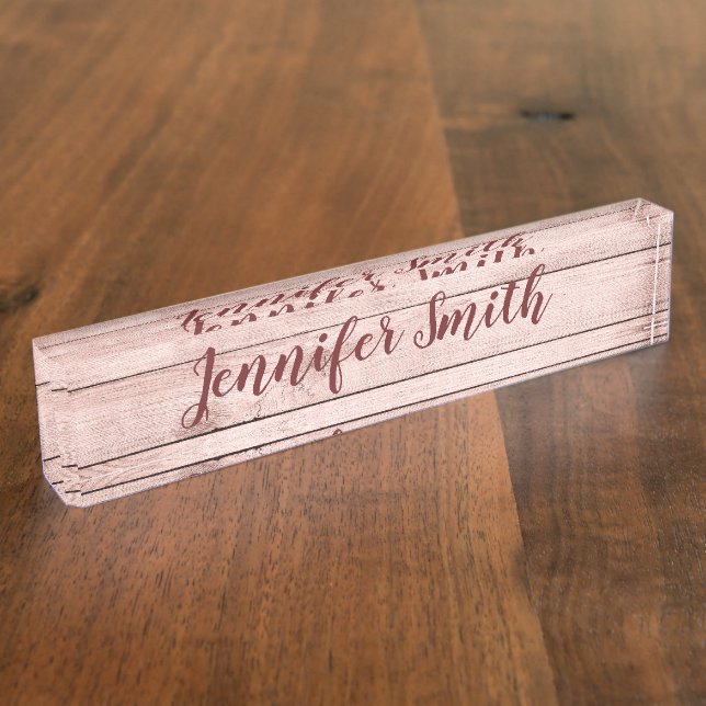 Personalised Light Rose Gold Rustic Wood Photo Nameplate (Side)